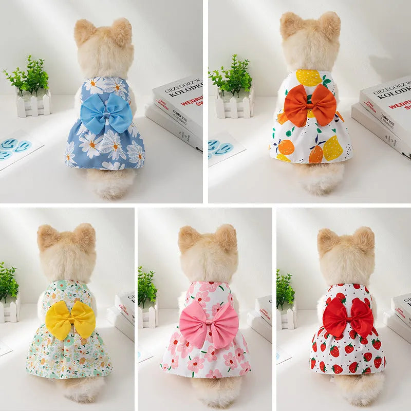 Ultra-thin polyester princess dress for pets with floral butterfly knot design in blue bow colour