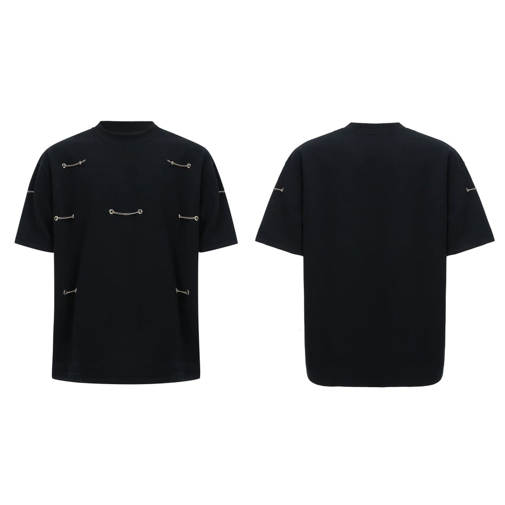 Black men's T-shirt with padded shoulders and metal chain detail, short sleeves, round neck