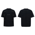 Black men's T-shirt with padded shoulders and metal chain detail, short sleeves, round neck