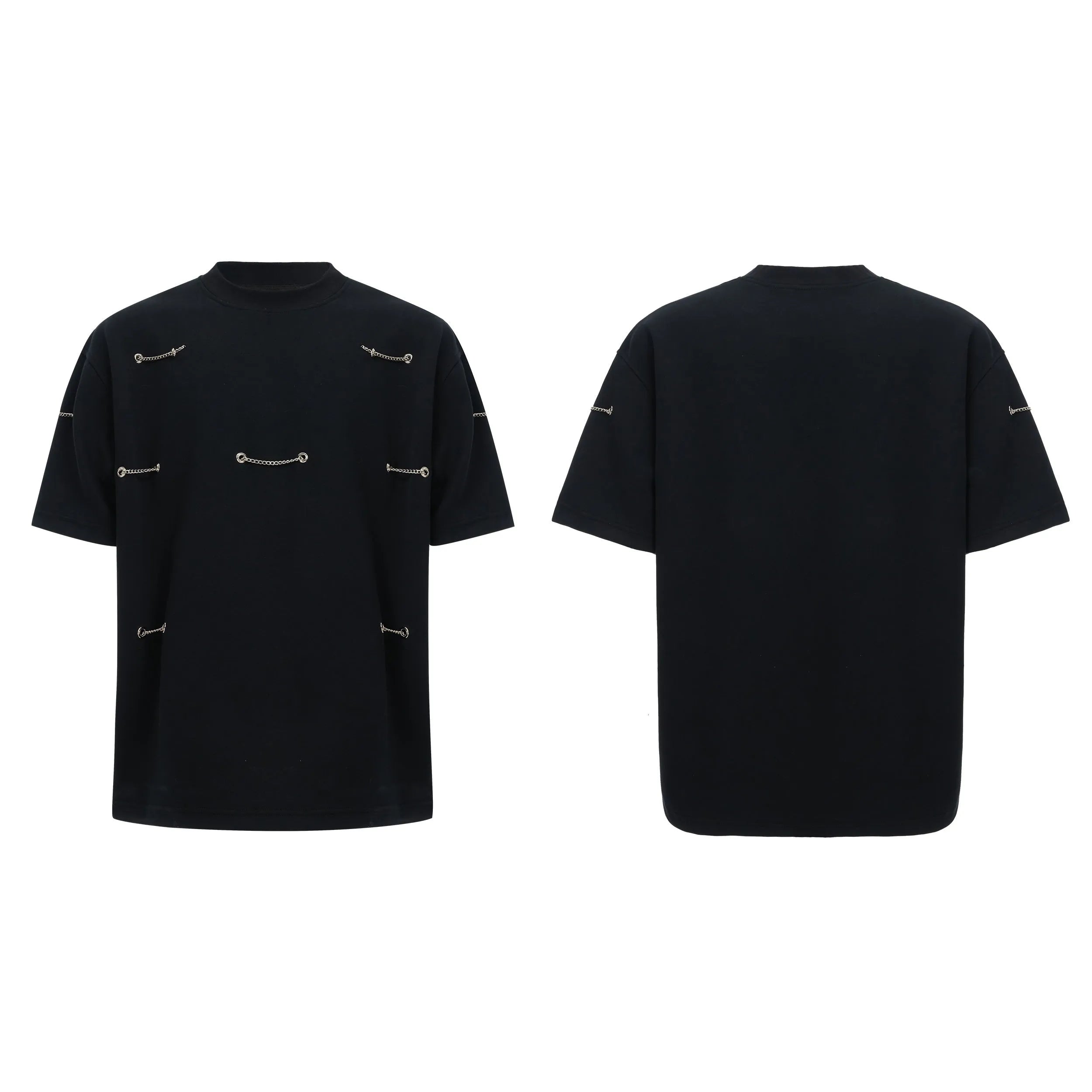 Black men's T-shirt with padded shoulders and metal chain detail, short sleeves, round neck