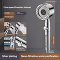 Silver chrome-plated portable handheld shower head with multiple spray settings.