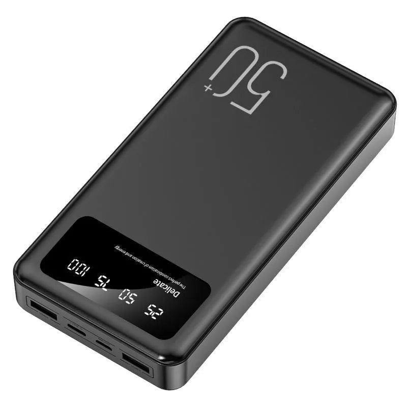 50000 mAh portable power bank with LED display and fabric texture finish in black or white