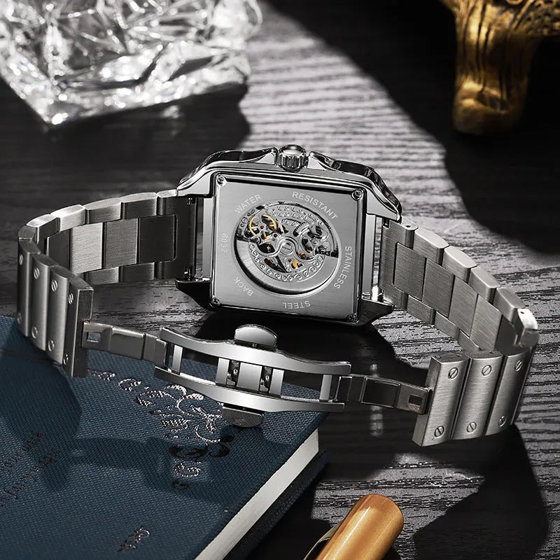 Men's square automatic watch with diamond-studded bezel on black leather strap