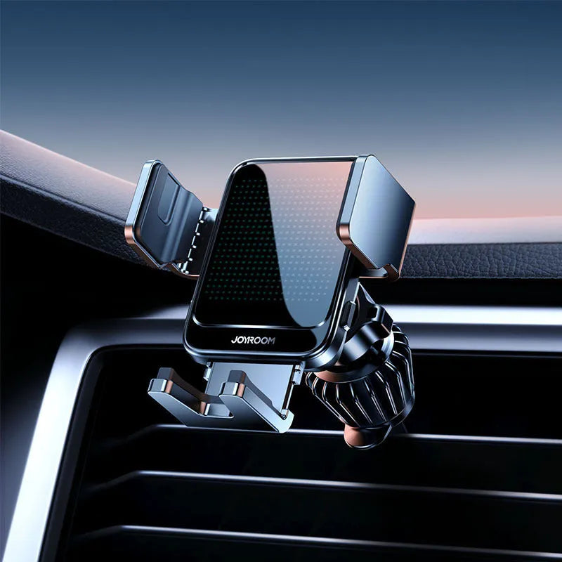 Black car wireless charging phone bracket mounted on a car air vent, showing automatic arms and included Type-C cable