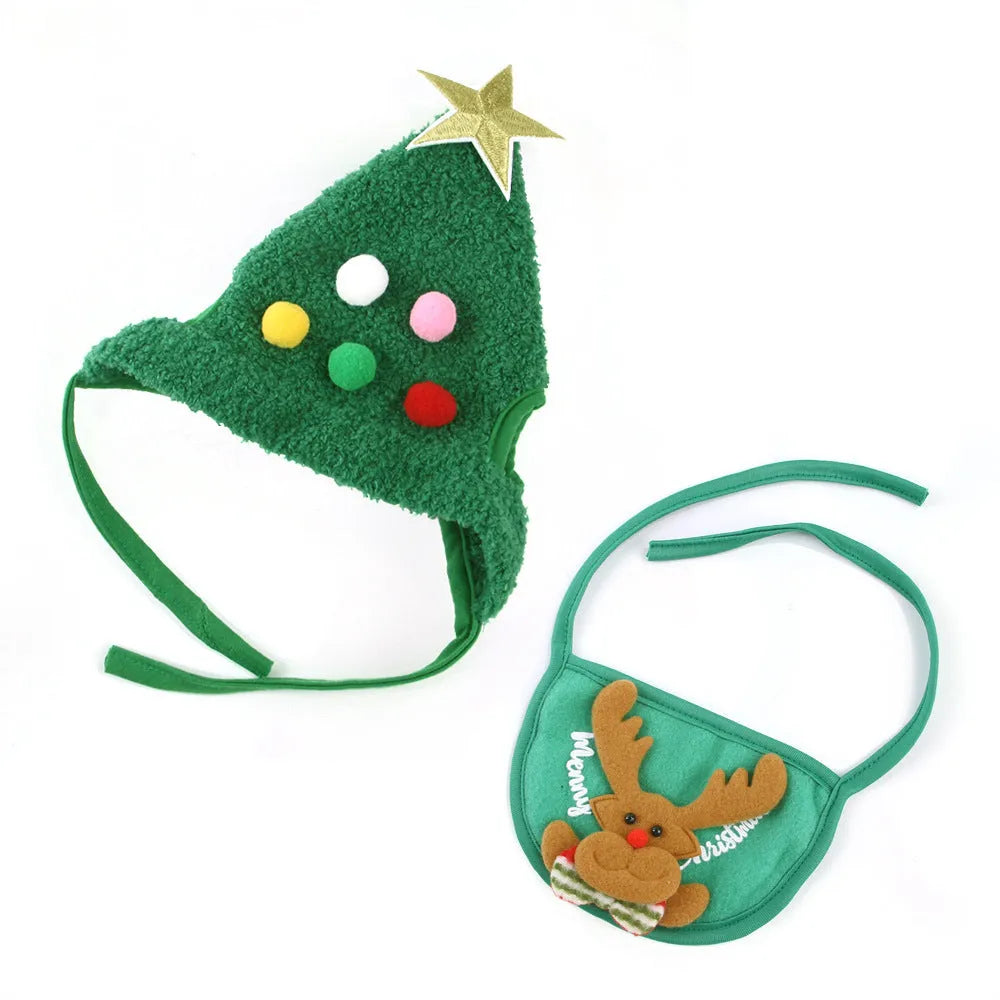 Christmas pet costume with white reindeer antler hat and green velvet bib on small pet