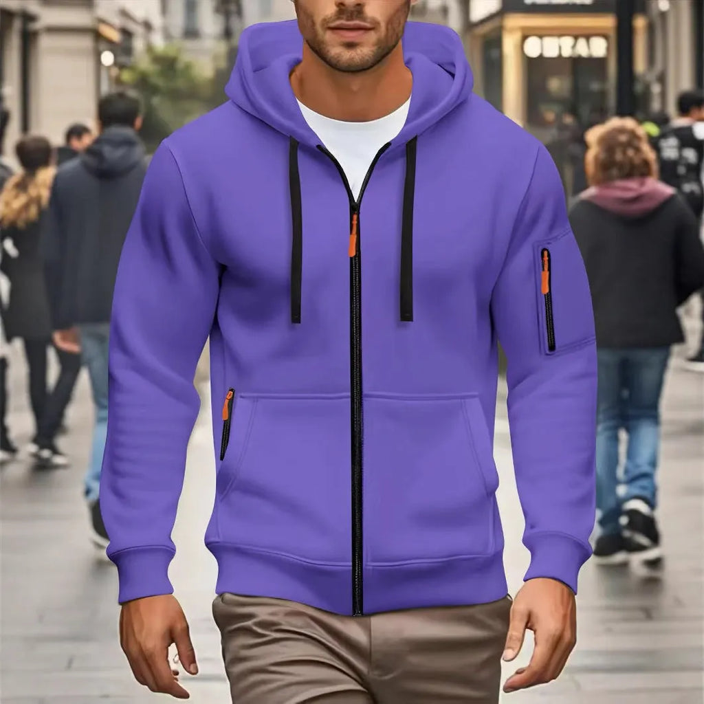 Men's camel-coloured hooded zip-up cardigan sweatshirt with long sleeves on a white background.