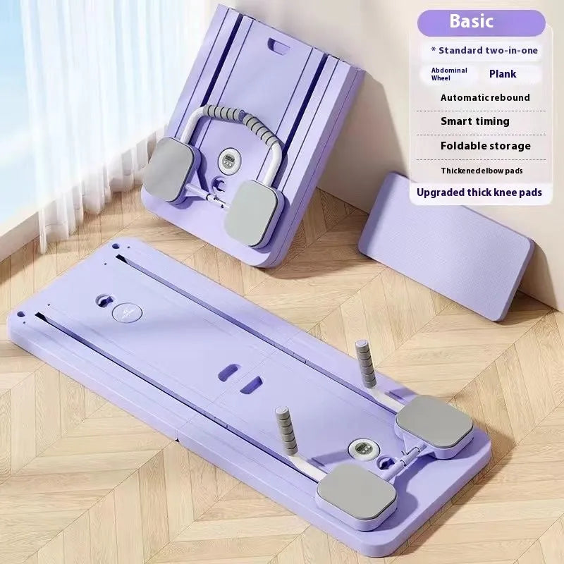 Purple multi-functional fitness board with automatic rebound abdominal wheel for home exercise.