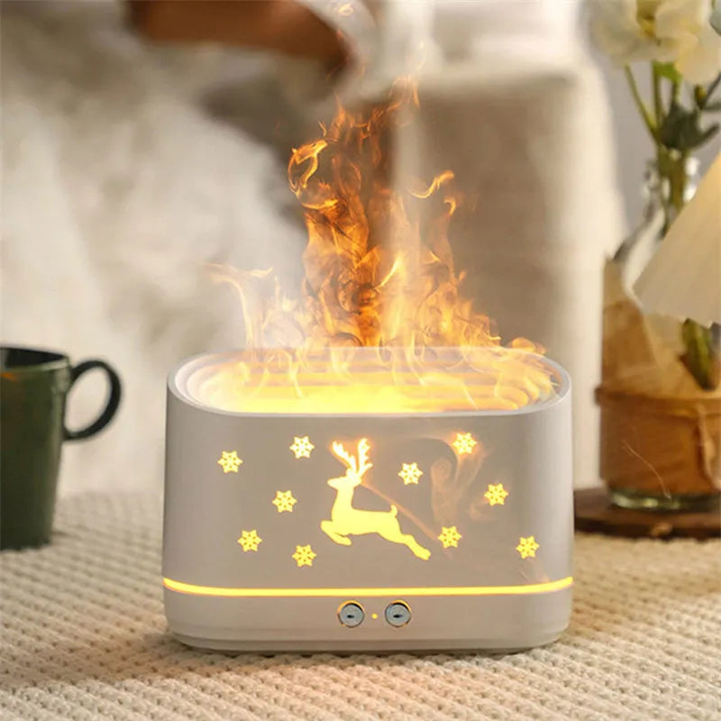 White round Elk flame effect humidifier diffuser with mist and LED light on a surface.