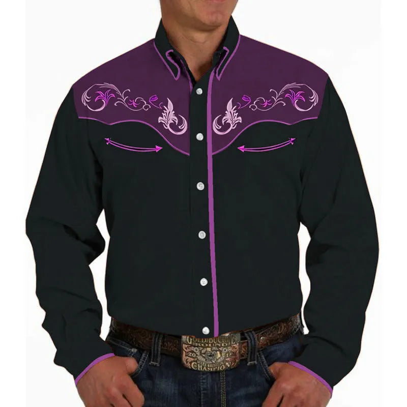 Men's casual 3D printed polyester lapel long sleeve pullover shirt in colour match pattern, loose fit, size S to 6XL