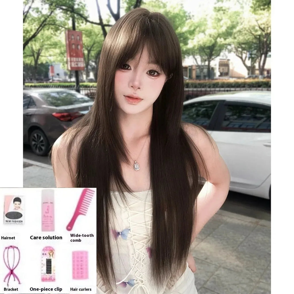 Brown black high-temperature fibre wig with head cover included in seven-piece set