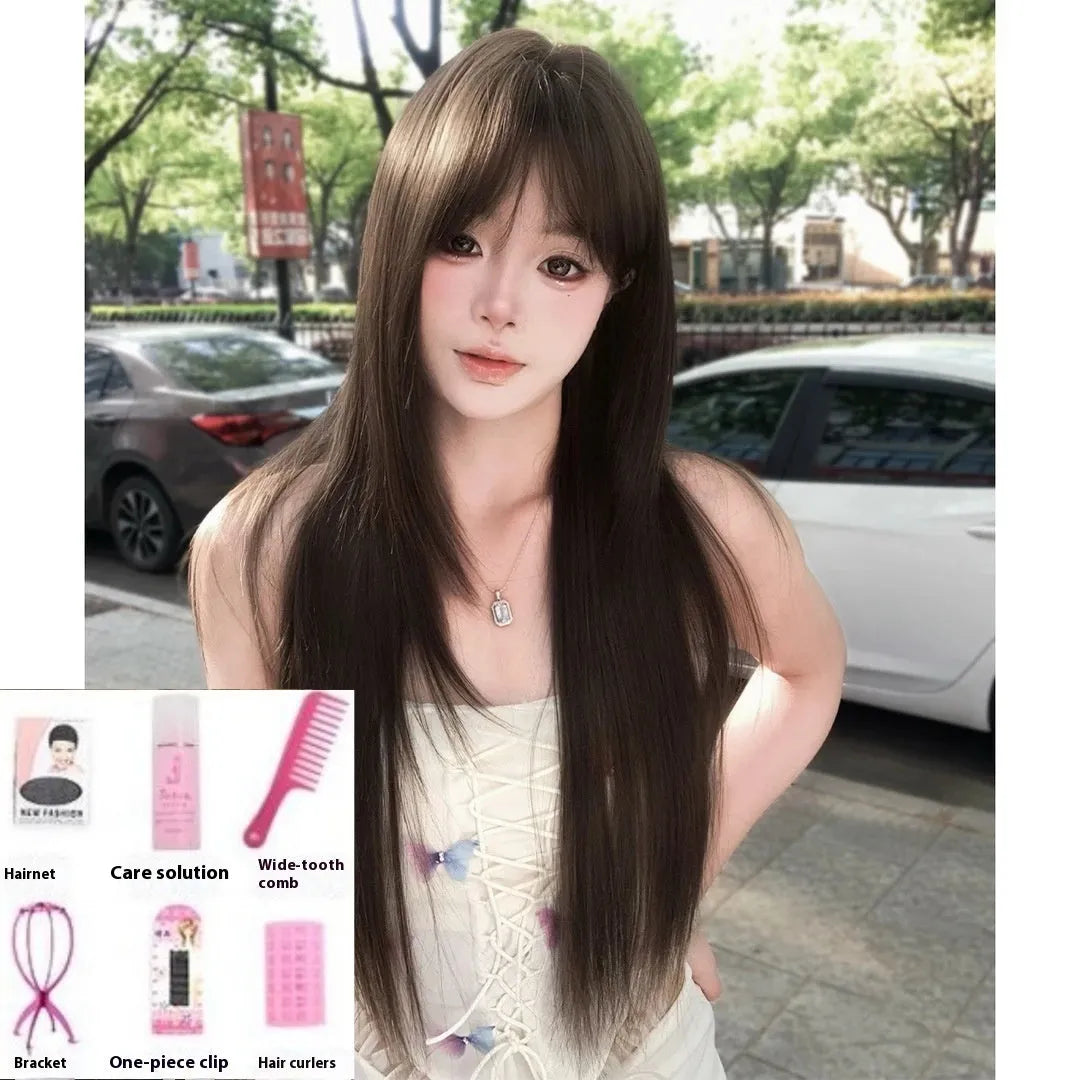 Brown black high-temperature fibre wig with head cover included in seven-piece set