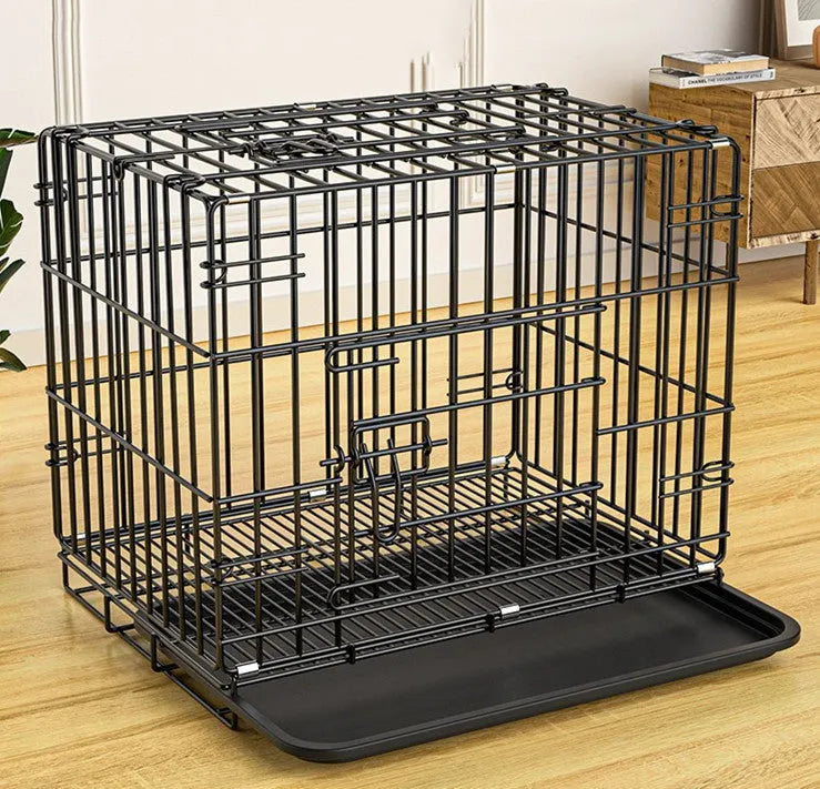Folding dog pet cage in iron wire, shown in black, blue, and pink with five size options and a supplied plate.