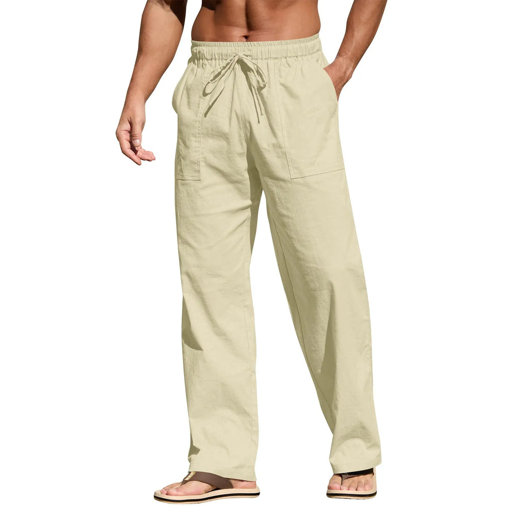 Men's straight-leg cotton linen trousers with drawstring waist in various colours