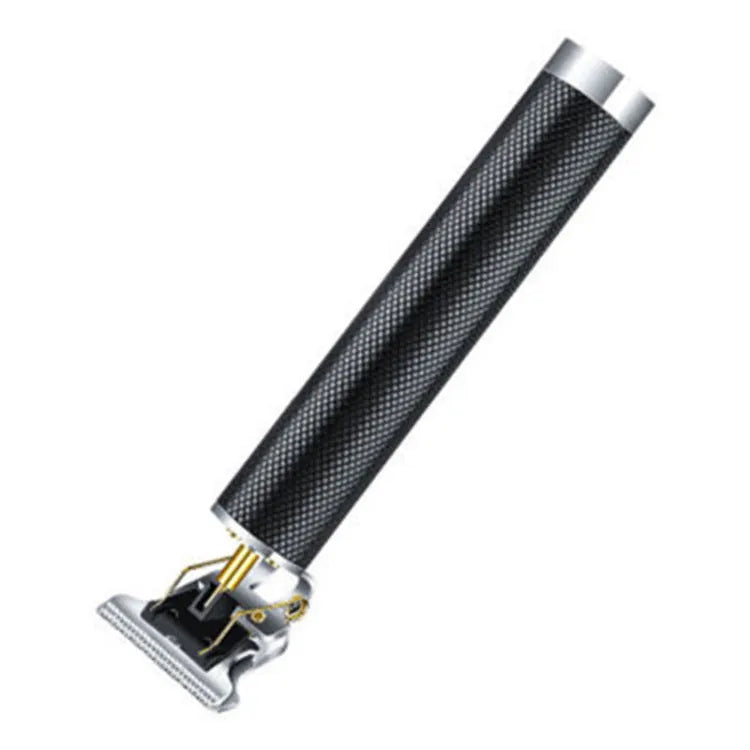 Black rechargeable electric hair clipper with gold steel blades and four guide combs