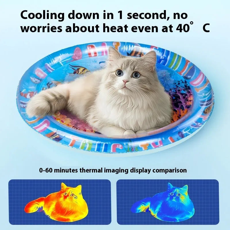 PVC inflatable water cooling mattress for pets in 100cm and 65cm sizes with aquatic graphics