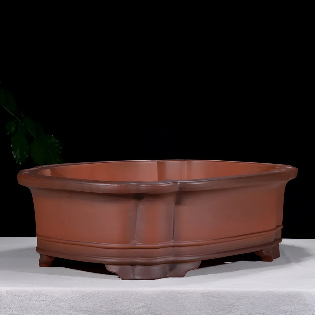 Large antique-colour purple clay flowerpot with Chinese tree stump pine cypress pomegranate golden marble antique jade belt crabapple design