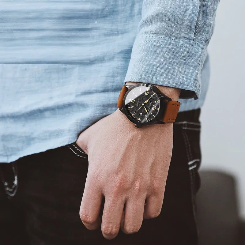 Men's retro automatic watch with business style on wrist, showing 12mm thickness and colour options.