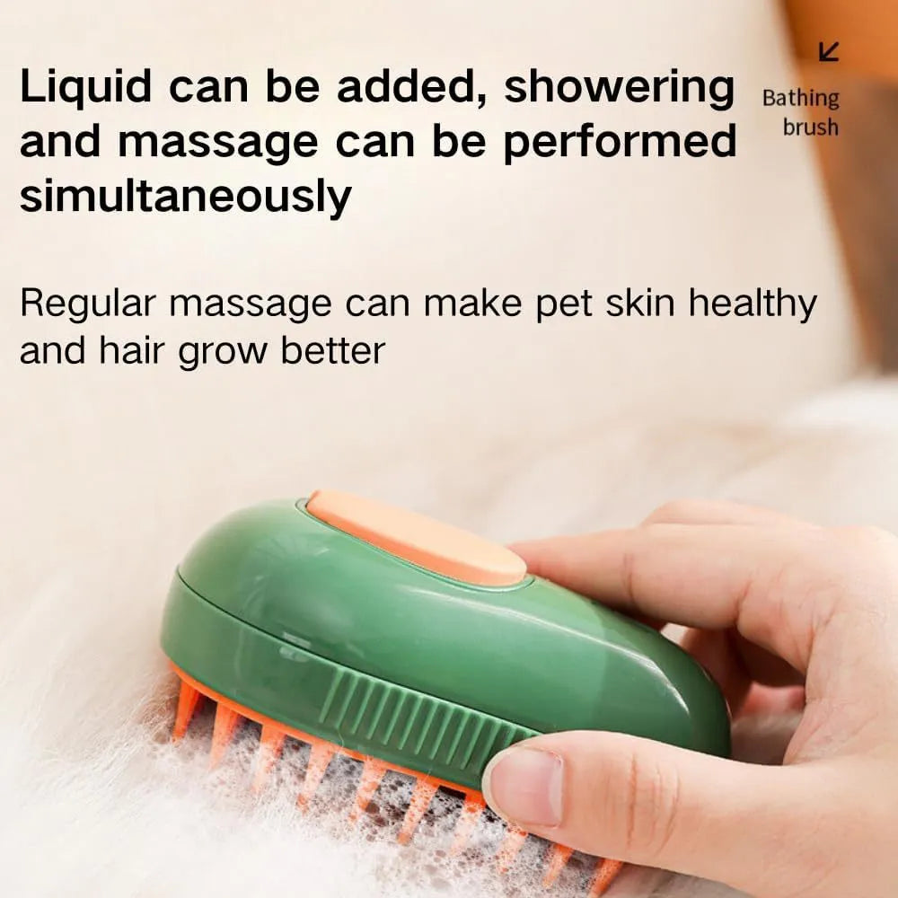 Green and white rechargeable 3-in-1 cat steam brush with silicone teeth and water spray nozzle.