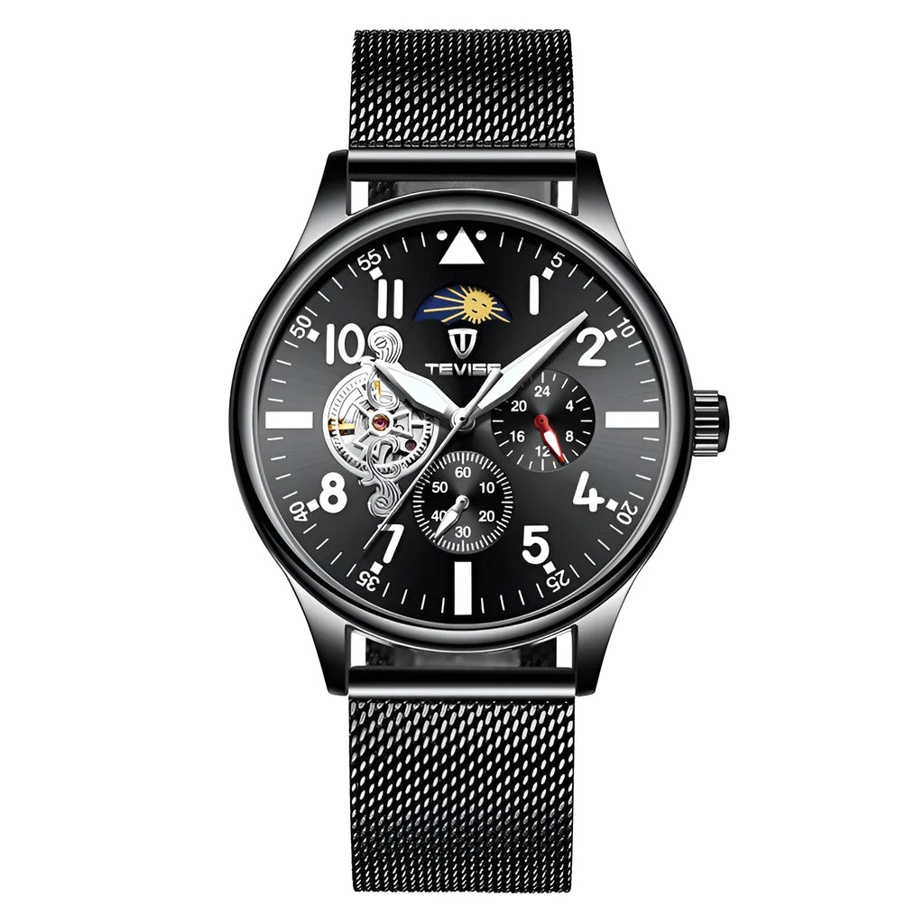 Men's black mechanical watch with moon phase indicator on a 41mm alloy case.