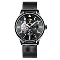 Men's black mechanical watch with moon phase indicator on a 41mm alloy case.
