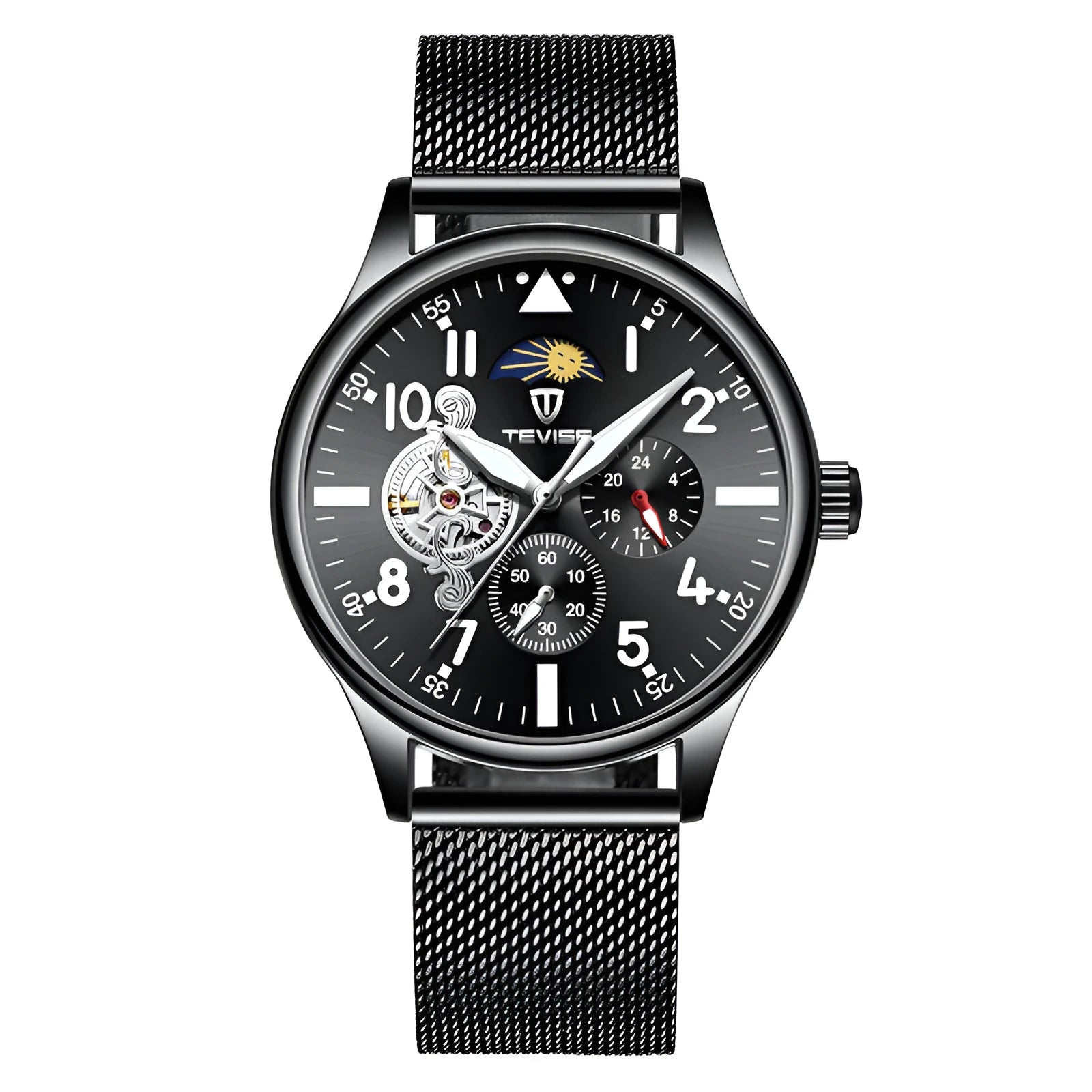 Men's black mechanical watch with moon phase indicator on a 41mm alloy case.