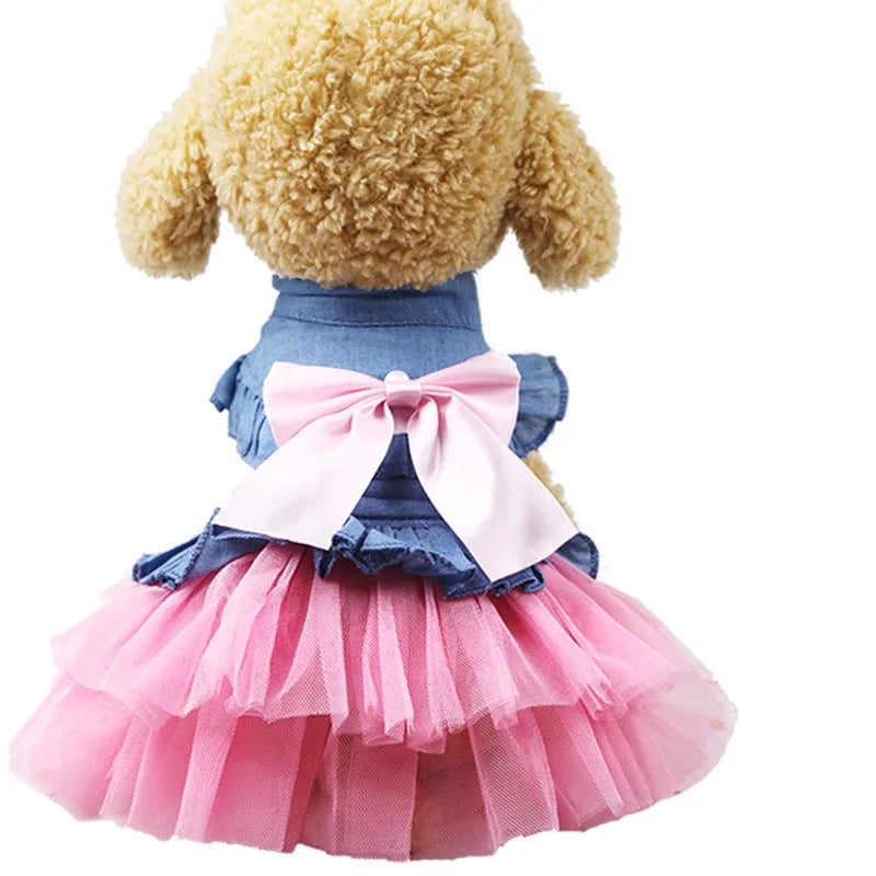 Korean style light blue denim skirt for a dog with a large white bow on the back