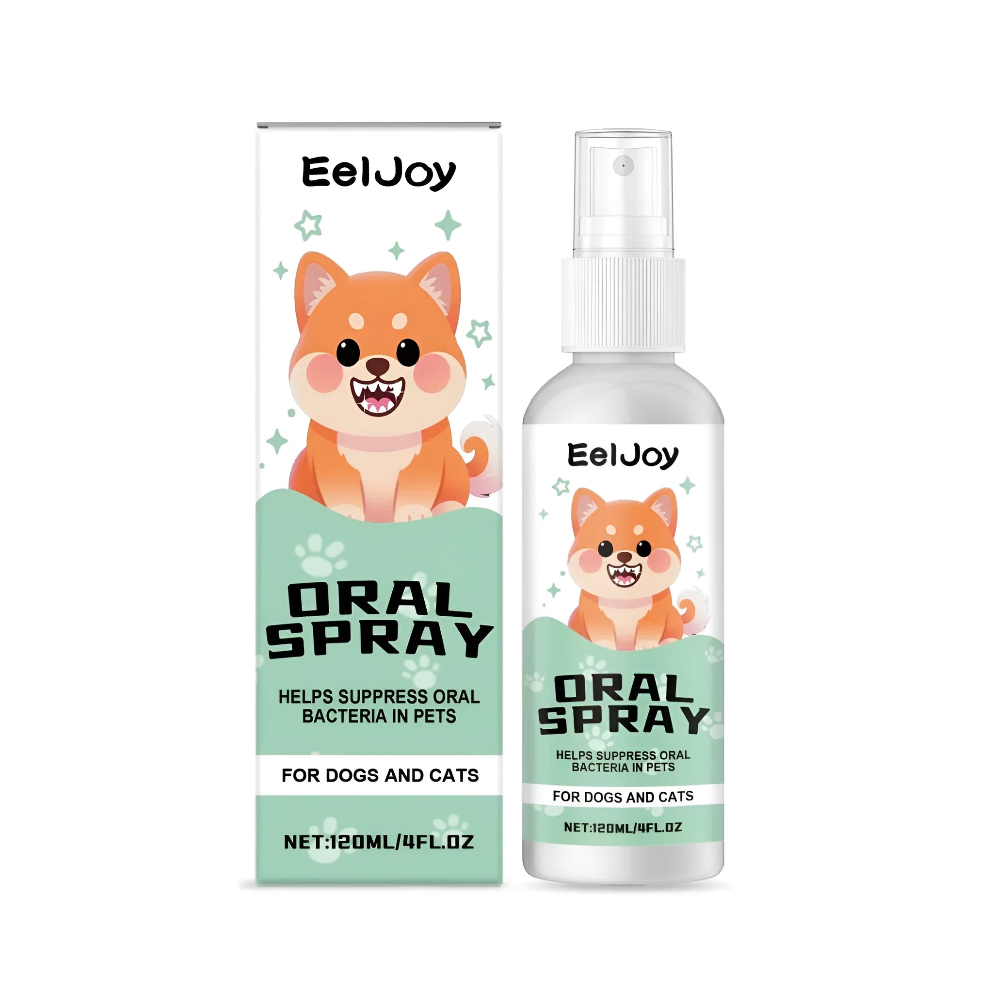A 120ml bottle of pet oral spray for dog and cat dental care with chlorhexidine and mint extract.