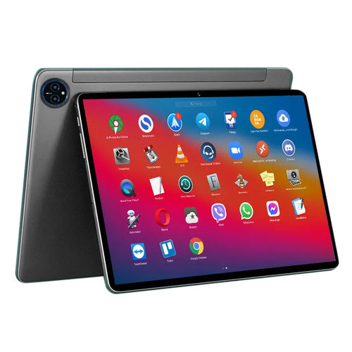 10-inch Android tablet in bare metal blue with screen displaying interface, includes accessories