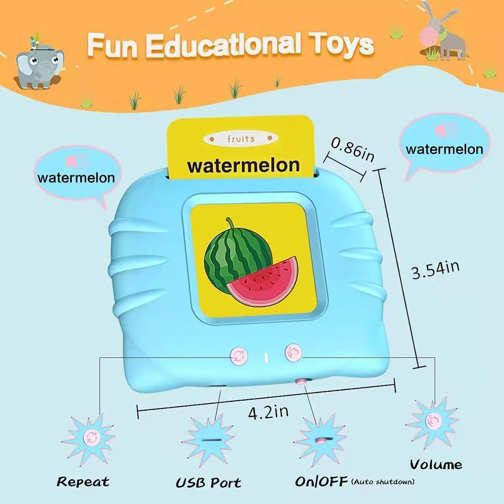 Blue children's English learning machine with audio cards showing dimensions 18cm long × 9.7cm wide