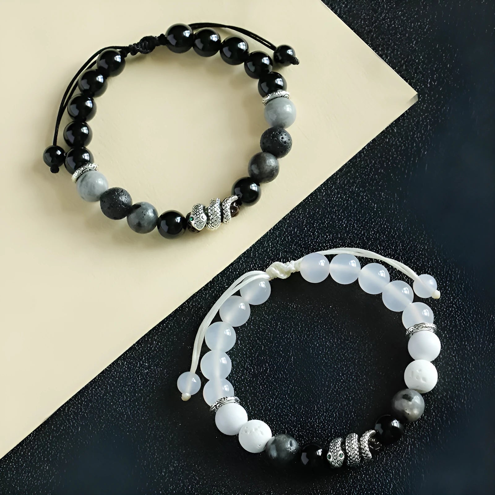Black and white agate couple bracelets with blessing snake design and glitter accents