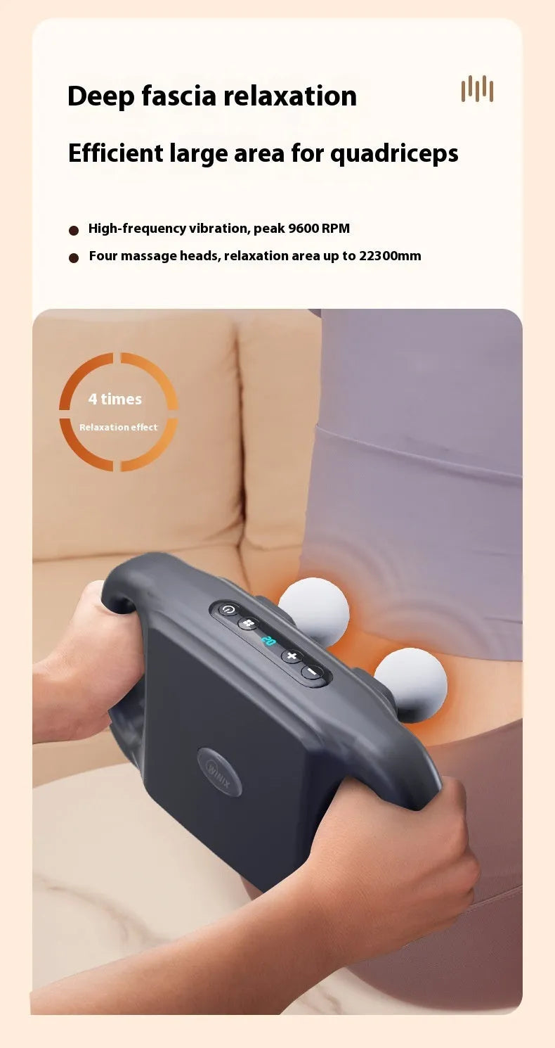 Rechargeable high-power four-head massager in black with multi-gear adjustment and Type-C charging port