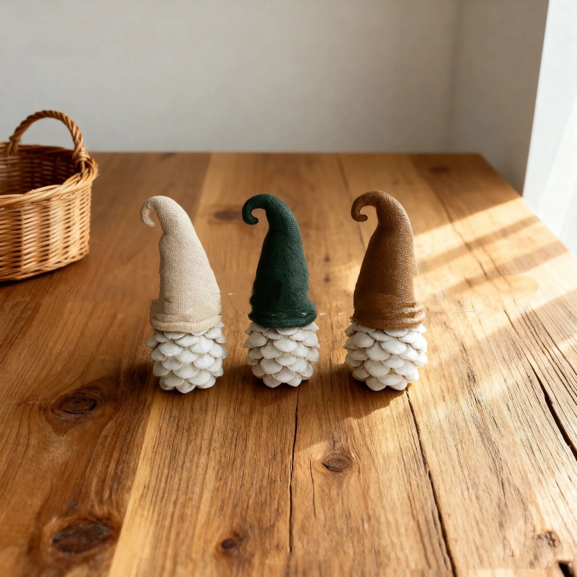 Set of three brown resin dwarf pine cone decorations on display