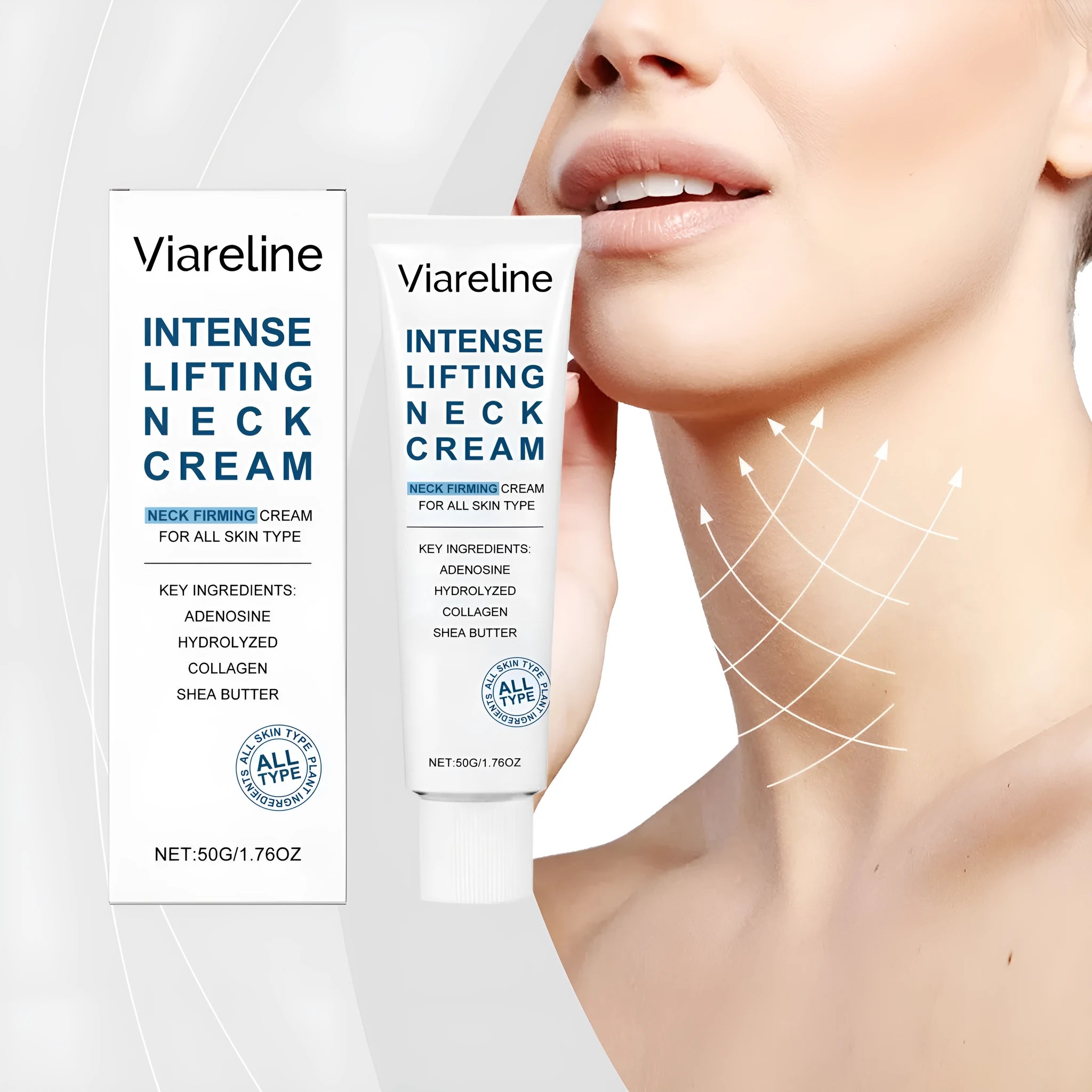 Jar of lifting and tightening neck cream with 50g capacity.