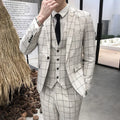 Men's slim fit three-piece suit in viscose blend, available in khaki, black, dark blue, grey, sizes M to XXXXL.