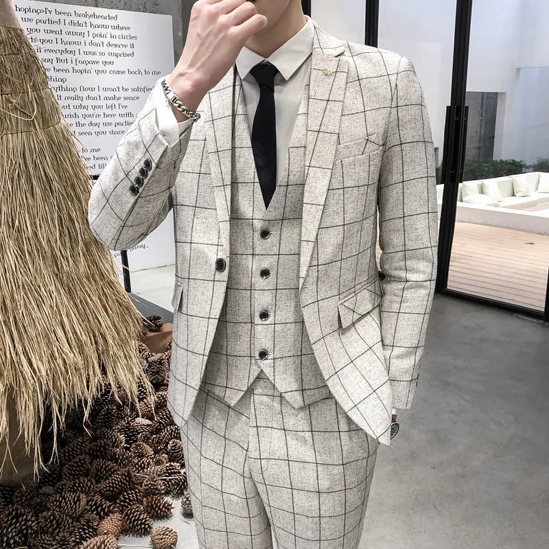 Men's slim fit three-piece suit in viscose blend, available in khaki, black, dark blue, grey, sizes M to XXXXL.