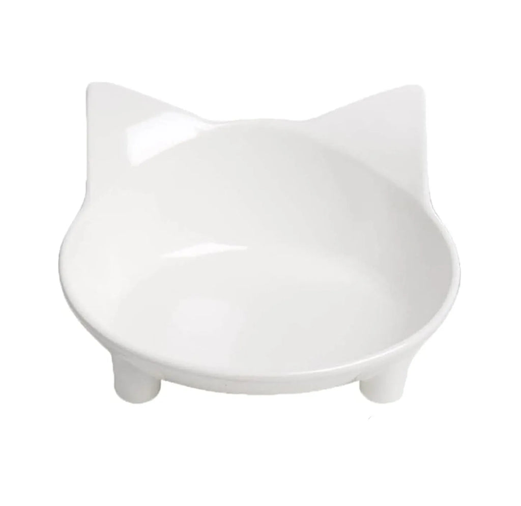 White shallow melamine cat bowl with non-slip rubber base on a table.