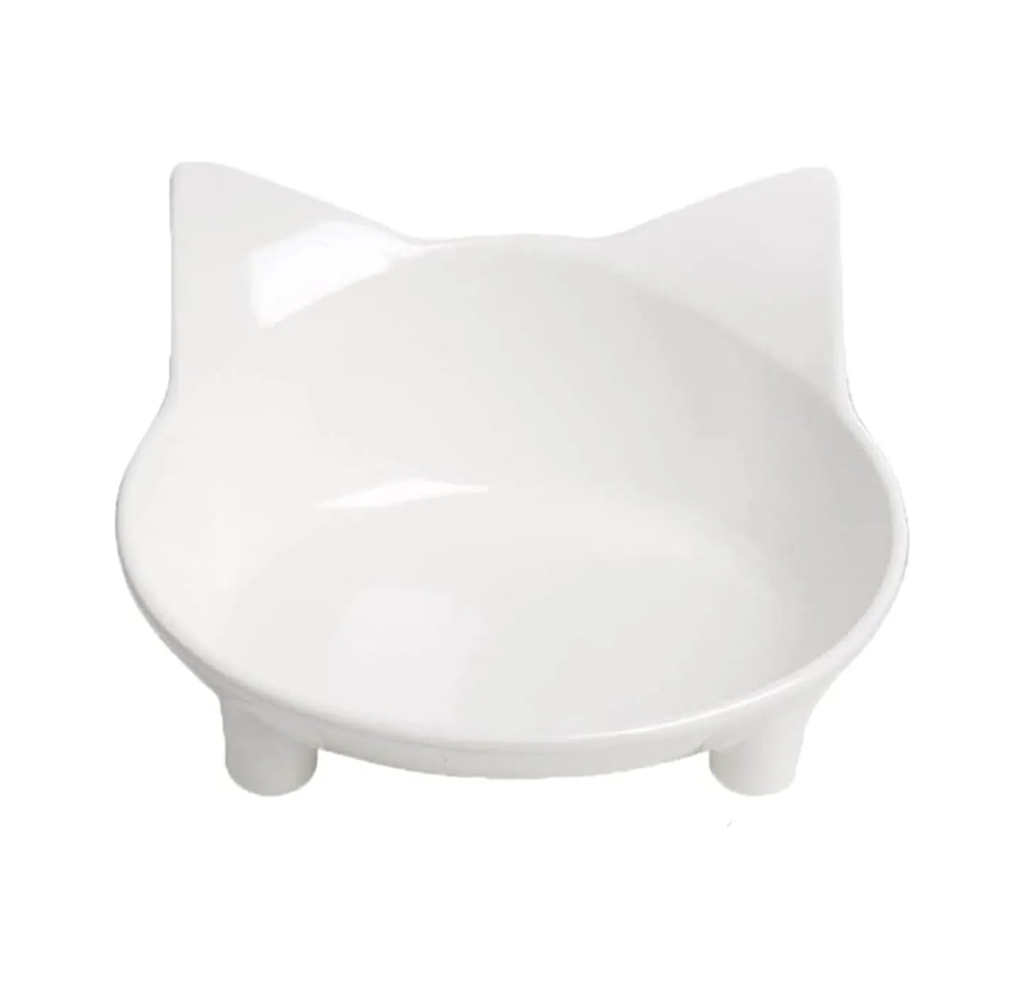 White shallow melamine cat bowl with non-slip rubber base on a table.