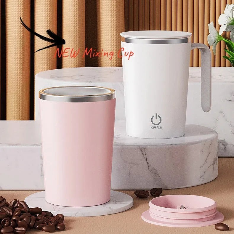 White automatic electric stirring mug with magnetic base and USB charging cable