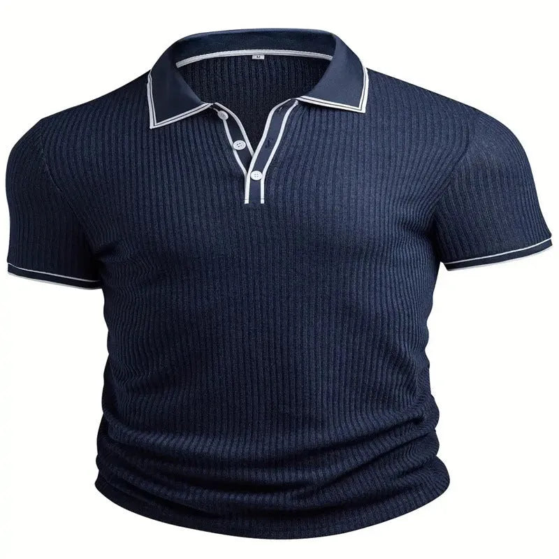 Men's striped polo shirt in loose fit with short sleeves showing colour options