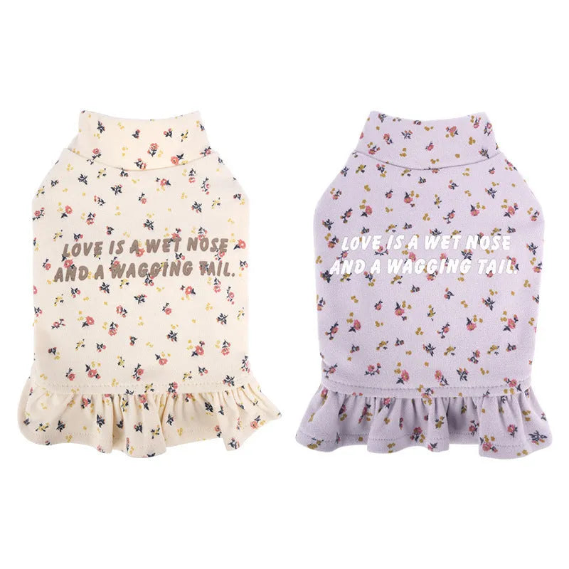 Teddy Bichon dog wearing light purple floral pattern polyester undershirt pet clothing