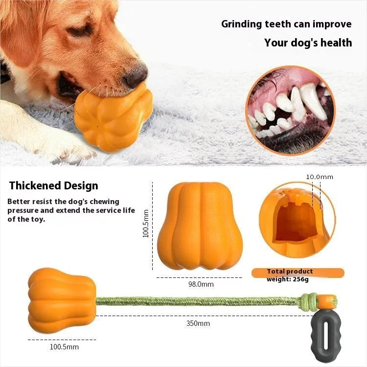 Pumpkin-coloured plastic dog chew toy with a rope attached for fetching.
