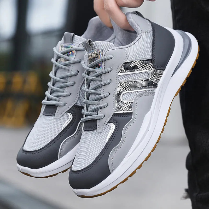 Men's white-green and black mesh casual sports shoes with shallow cut and leather toe holder