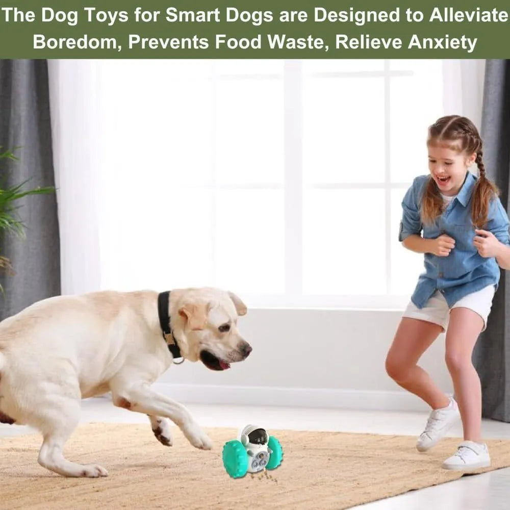 Robot-style interactive dog treat toy with roller mechanism for slow feeding, measuring 141mm