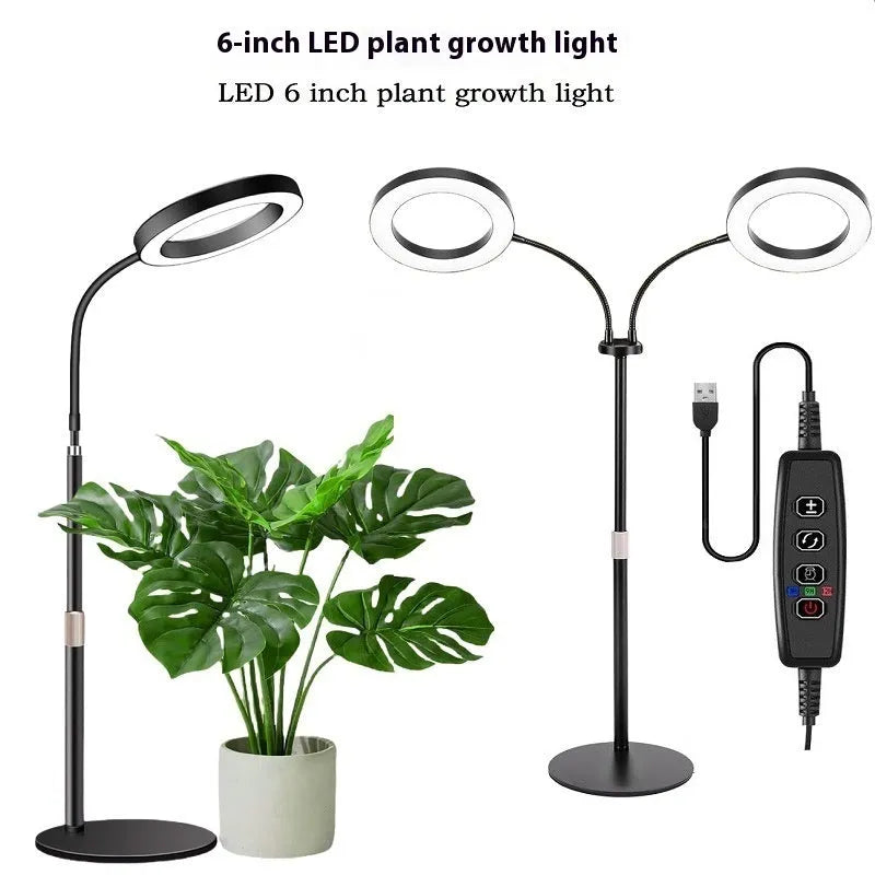 Pearl White floor-standing angel ring LED grow light with retractable pole next to indoor plants.