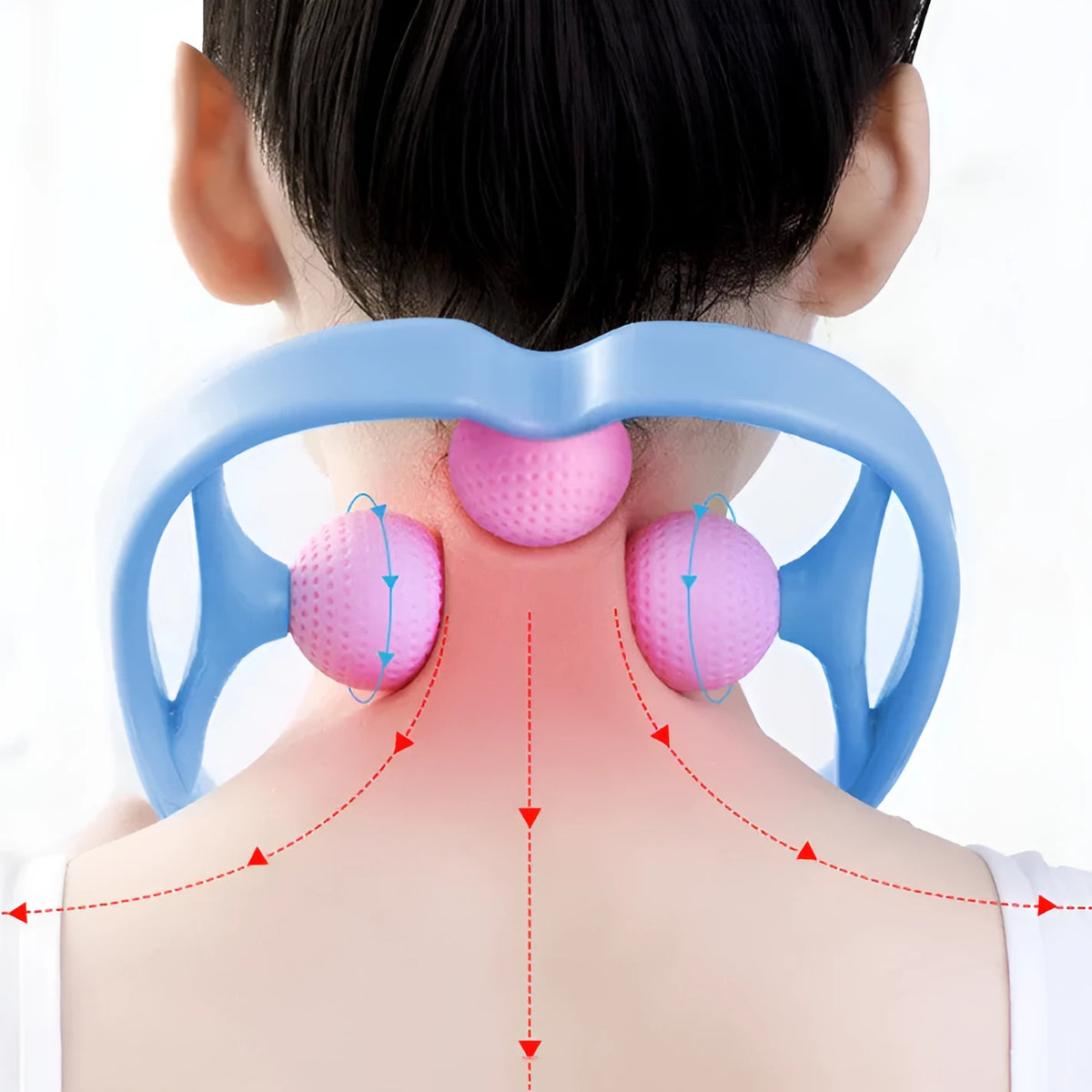 Three-ball multifunctional cervical spine massager in pink or light blue for neck, head, legs, and feet, no power required