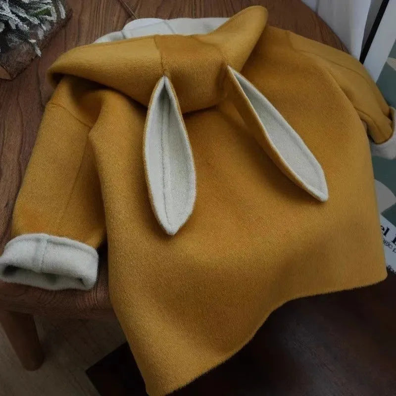 Children's autumn winter beige woolen coat with rabbit ear collar long sleeve mid-length polyester fibre