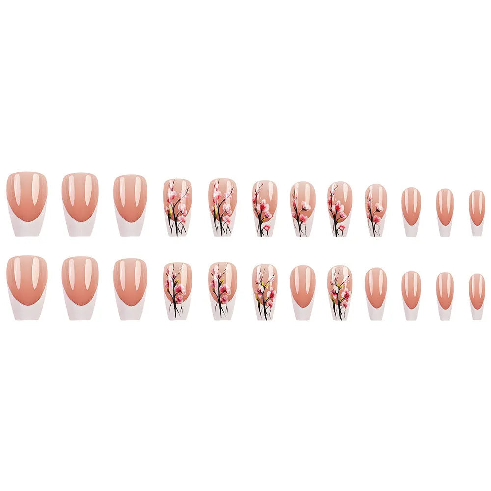 Plum blossom pattern white edge French false nail tips with starry sky accents, short ballet style, 24 pieces with jelly glue
