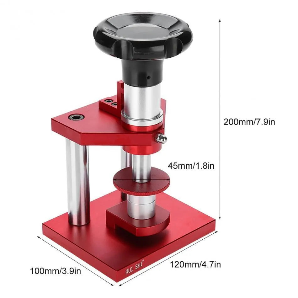 Watch repair spiral press tool with set of 20 plastic moulds for case back closure