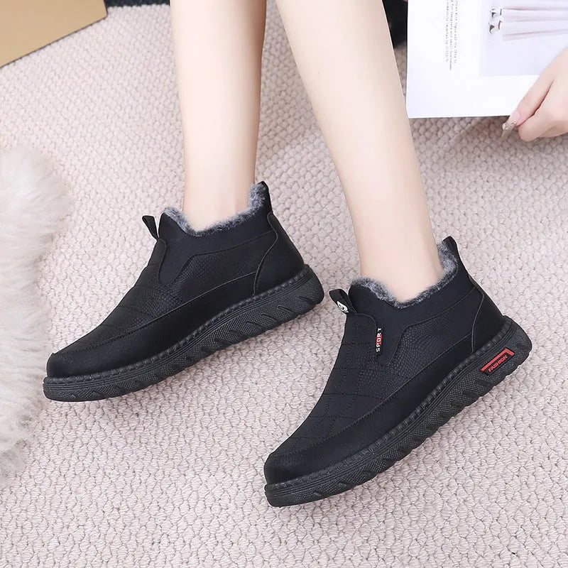 Women's black casual flat cotton boots with synthetic leather upper and rubber soles