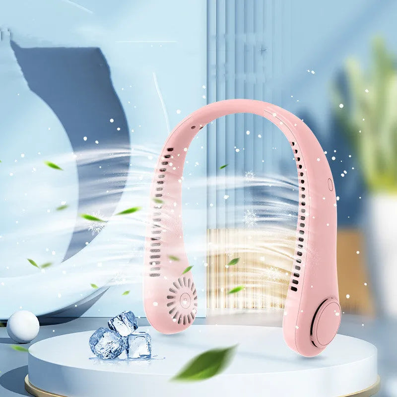 White bladeless neck fan hanging around neck showing hands-free portable cooling design